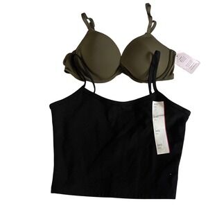 Auden 32B Olive Green T-Shirt Bra & Wild Fable XXS Black Cami Tank Top Set NEW